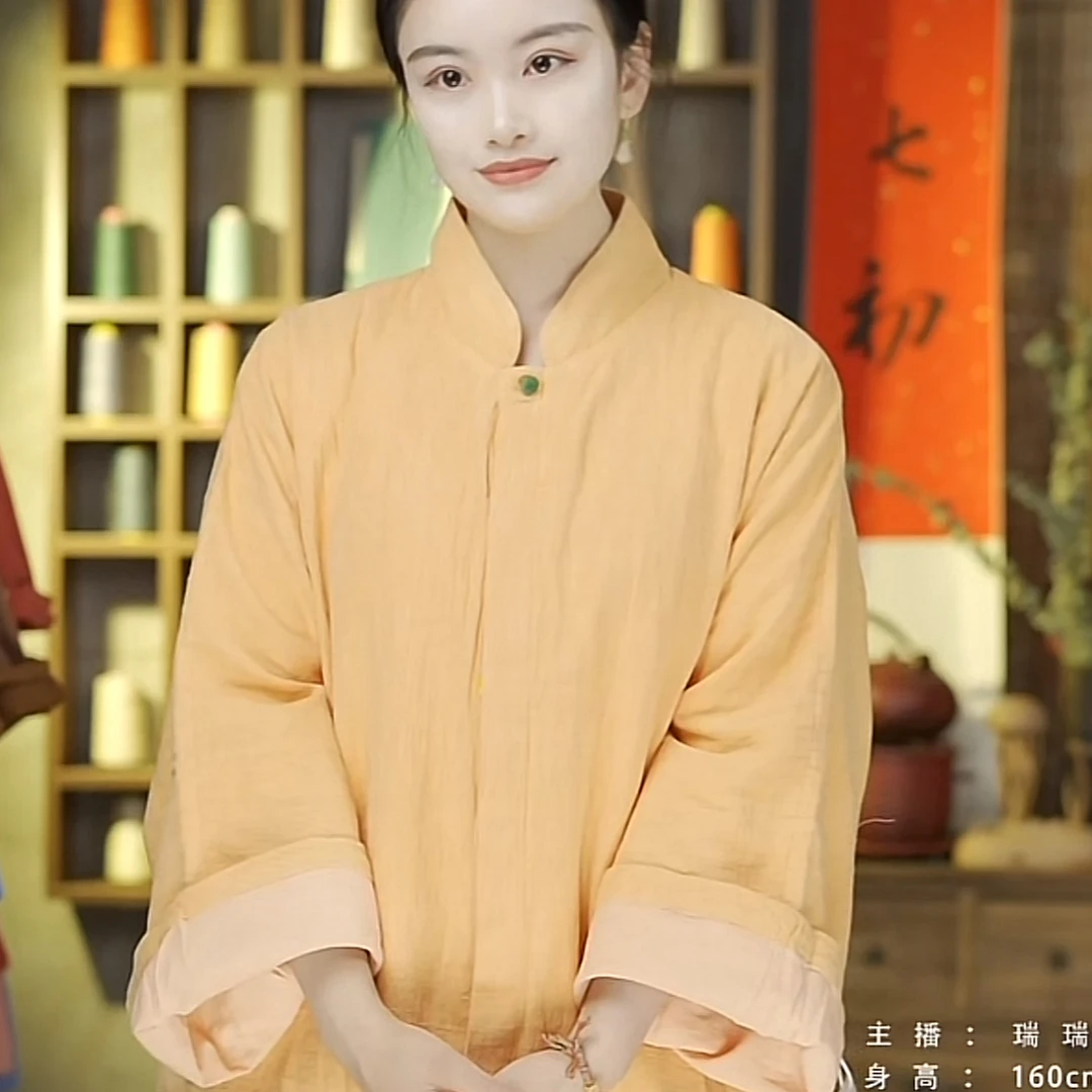 七初的布衣 春季双层50亚麻对襟莲蓬扣中长外套