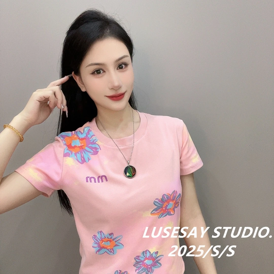 LUSESAY 设计感晕染花花~ 早春2025新款 短袖t恤女百搭休闲上衣
