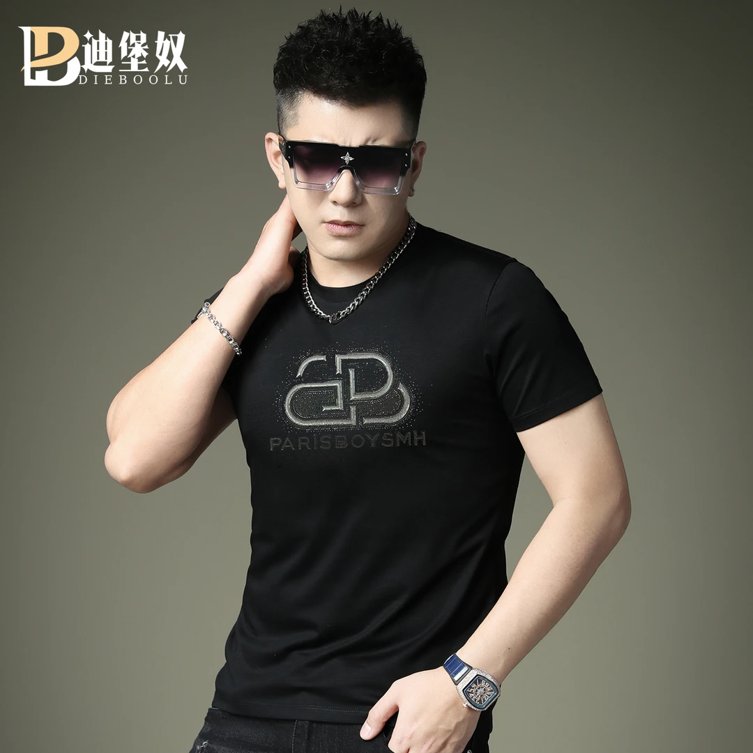 欧洲站潮牌烫钻短袖t恤男2025新款时尚男士潮流字母印花休闲T恤衫