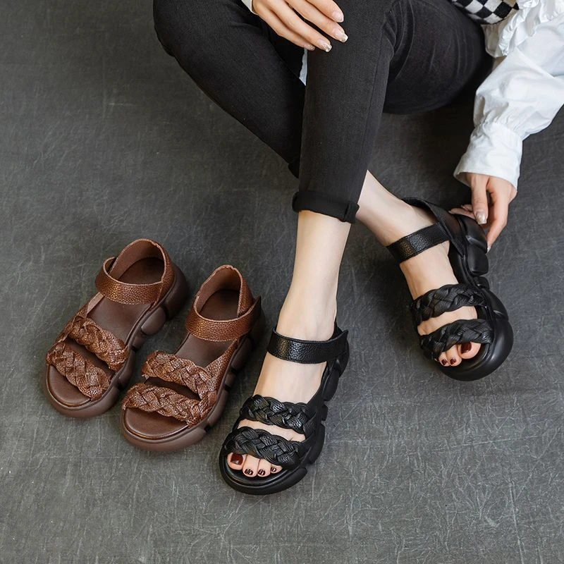 编织罗马鞋胶粘露趾鱼嘴时装凉鞋软底休闲坡跟百搭韩版