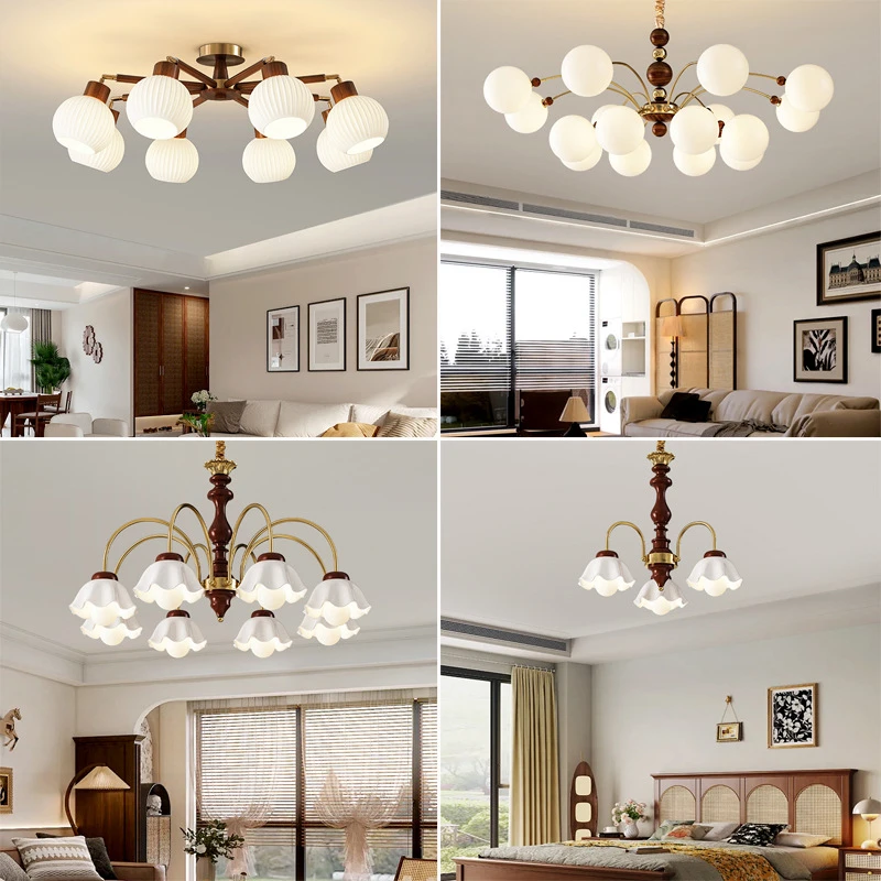 中古奶油风客厅吊灯复古卧室高级感创意实木柿子玻璃餐厅卧室灯具