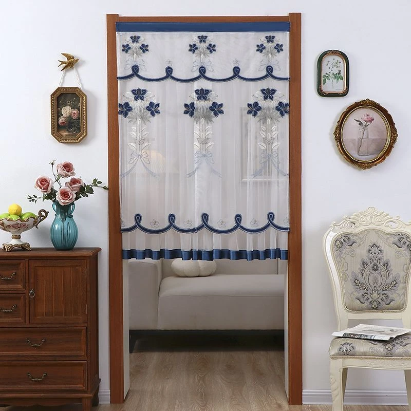 门帘蕾丝门帘隔断厨房卧室家用遮挡装饰打孔纱帘伸缩挂帘