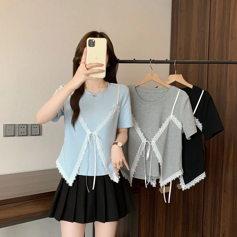 2025夏款胖mm大码女纯欲蕾丝花边吊带假两件别致短袖T恤A1177
