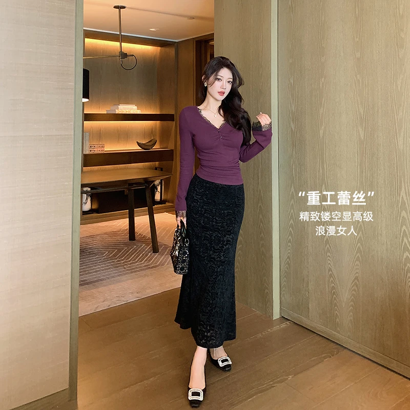 林关关【美到心坎】性感气质轻熟女秋冬蕾丝裙磨毛鱼尾裙蕾丝半身裙