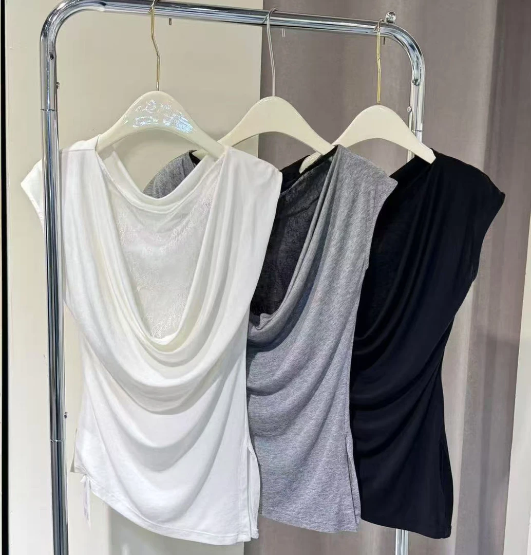 2025新款宽松一字肩不规则下摆背部拼接蕾丝腰部褶皱上衣