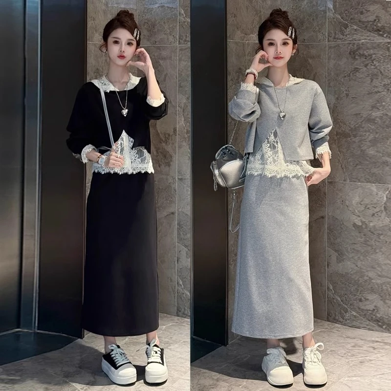 时尚休闲套装裙女2025春季新款洋气减龄蕾丝拼接卫衣半身裙两件套