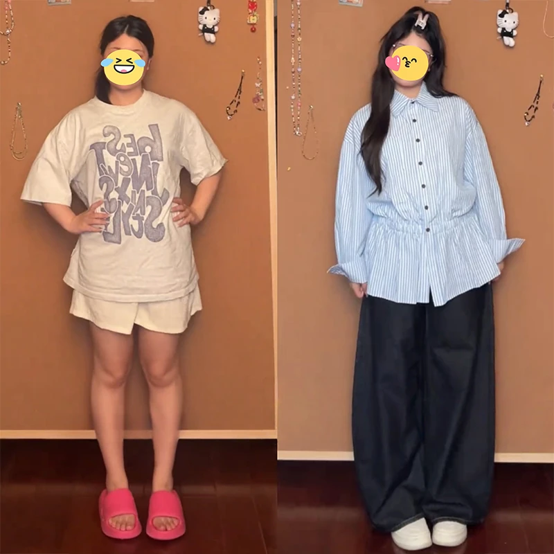 大码胖mm秋季新款条纹时尚松紧腰衬衫+灰色V领针织百搭背心