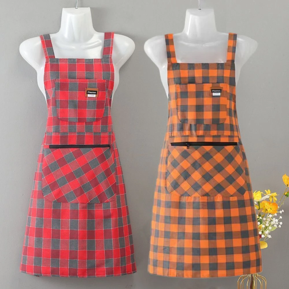 时尚双兜棉布围裙厨房做饭拉链口袋透气防油污护衣上班工作服围腰