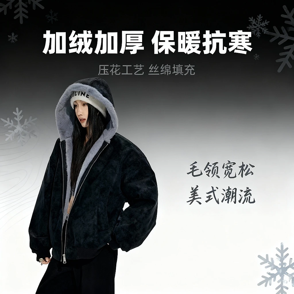 FIPU荔枝纹皮座山雕外套男女款冬季加绒加厚皮衣棉服美式毛领棉衣