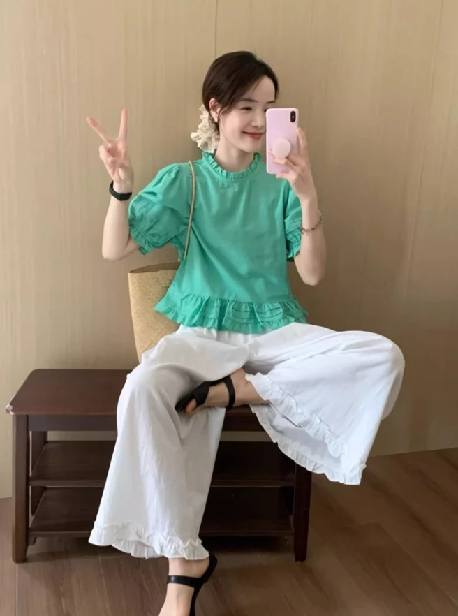 法式气质绿色木耳边衬衫女2025夏季新款设计感别致漂亮泡泡袖上衣