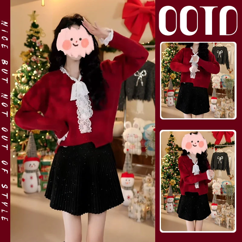 【现货】新年一整套2025年新款不规则蕾丝蝴蝶结针织上衣短裙两件套