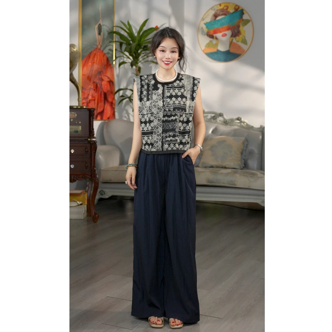 无印心匠D67588  复古印花无袖&上衣松紧腰阔腿裤夏季女套装K049