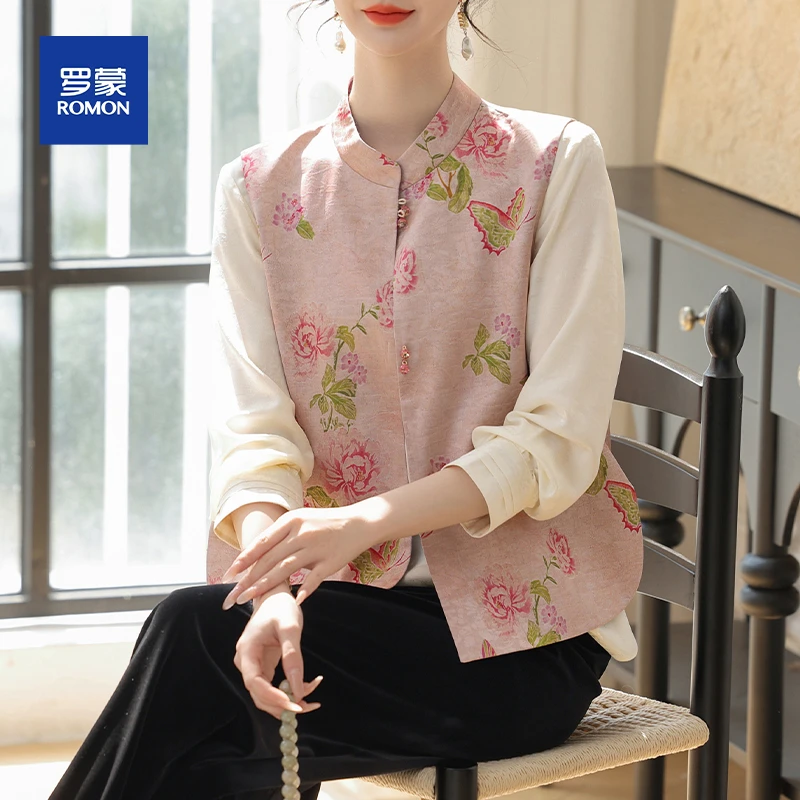 罗蒙新中式国风马甲上衣两件套装妈妈秋装气质显瘦遮肚中老年女装