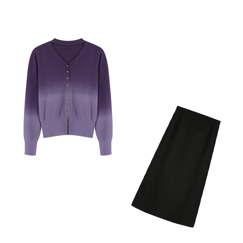 2025春季新款高级感V领紫色渐变针织内搭收腰上衣呢半裙ZL101517