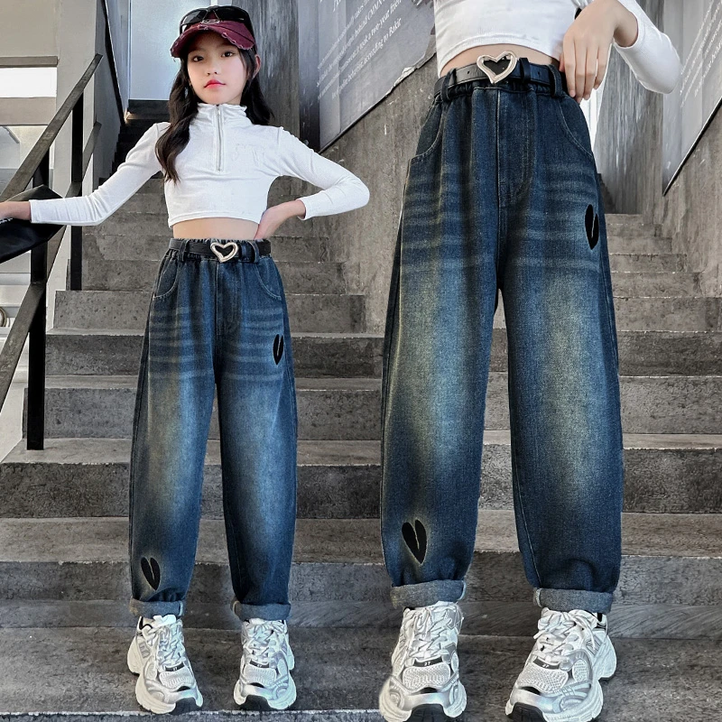 女童牛仔裤秋季新款裤子洋气儿童复古老爹裤中大童高腰时髦哈伦裤