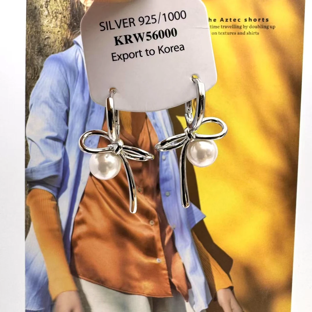 铜合金仿珍珠耳饰 【印象少女】S925银耳圈丝带耳环高级轻奢耳饰