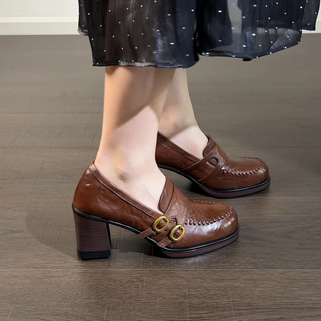 7cm/2680羊皮粗跟圆头女春秋皮带扣休闲乐福单鞋高跟真皮深口单鞋