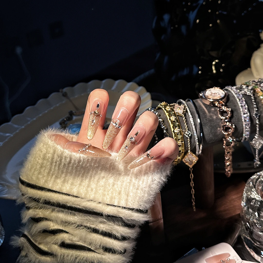 【星河鎏金】金色爆闪猫眼渐变小碎钻可拆卸穿戴甲