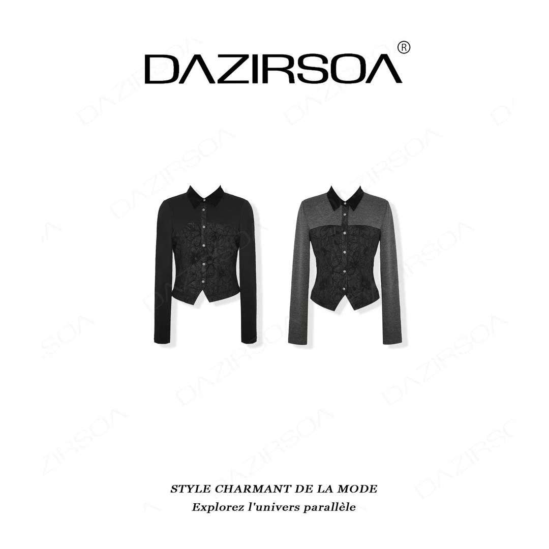 DAZIRSOA/达姿“微风时节”时尚百搭法绣花朵拼丝绒复古衬衣 AB573