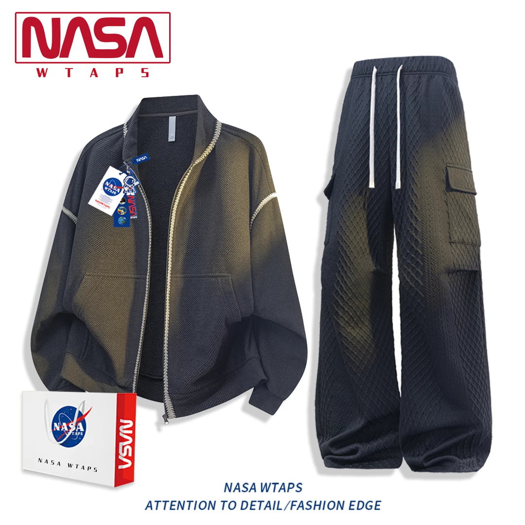 NASA WTAPS老钱风夹克套装男款春秋潮休闲高级感垂感直筒裤两件套