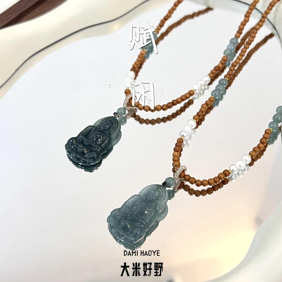 【赋闲】DM1772蓝水翡翠橄榄核淡水珍珠项链多样性发一
