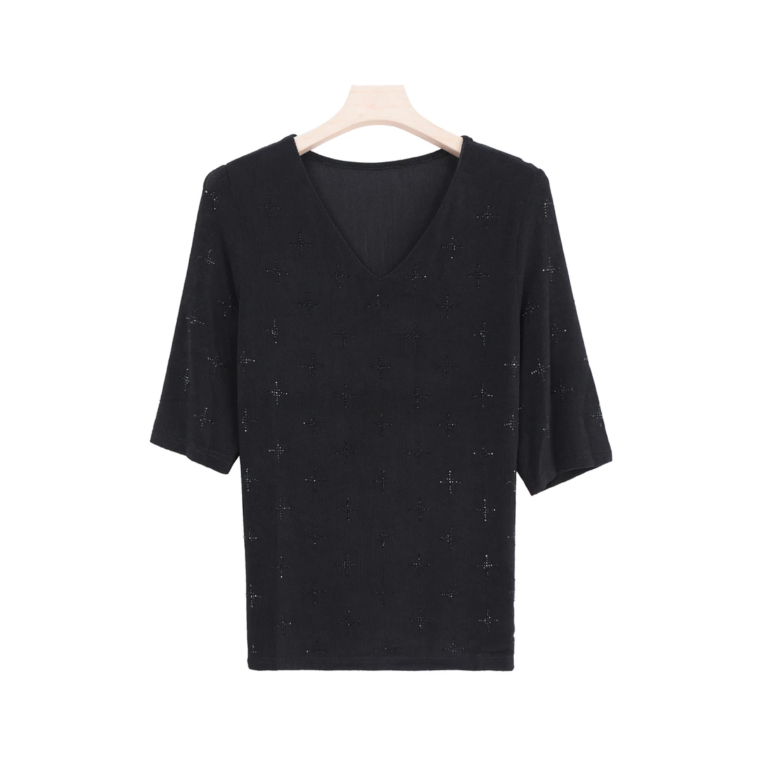 时尚气质V领重工烫钻显瘦百搭上衣S1288