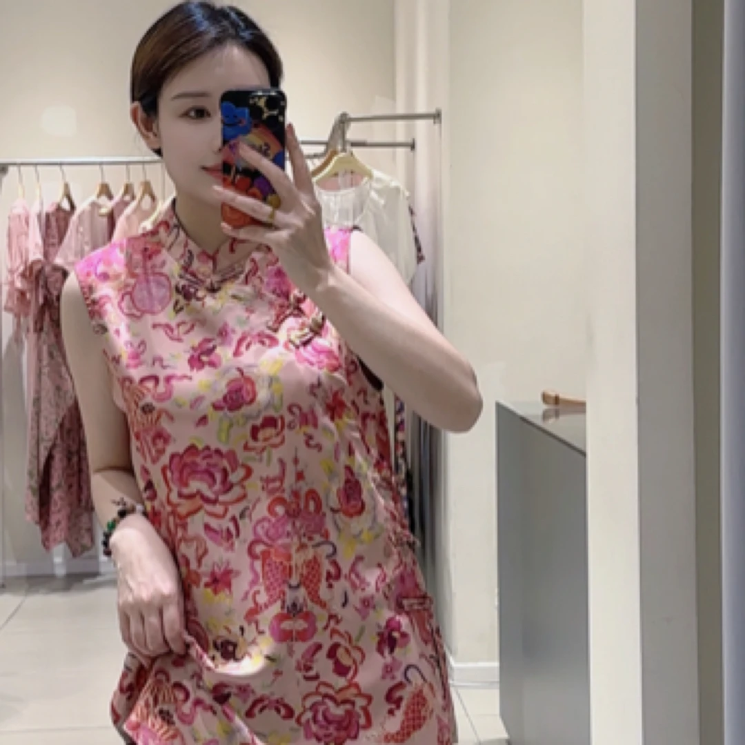 新中式花色无袖时尚网红碎花复古