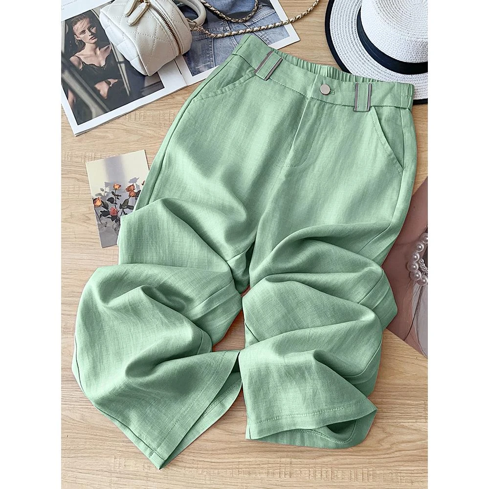 绿色天丝亚麻直筒裤女夏季薄款2025新款宽松休闲裤棉麻阔腿裤