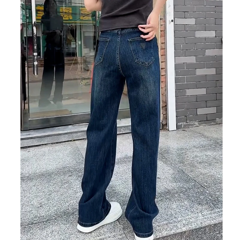 秋冬窄版直筒蓝色加绒加厚牛仔裤女大码胖mm宽松显瘦高腰弹力长裤