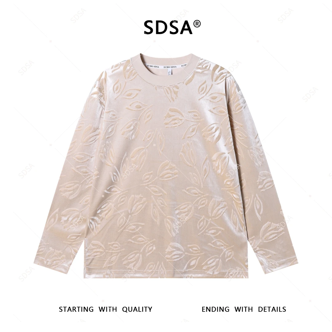 SDSA男士2025新款轻奢痞帅男装韩纯色植绒花朵长袖T恤网红款时尚