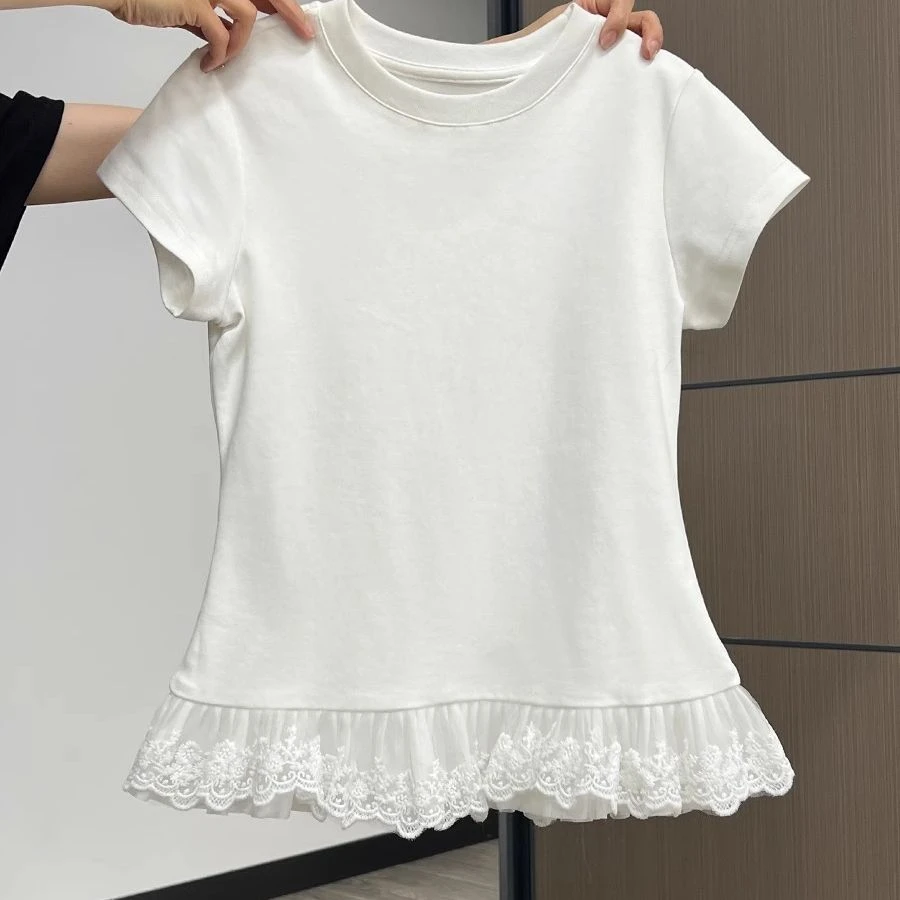 2025蕾丝花边圆领短袖T恤女春夏季新款纯欲内搭叠穿