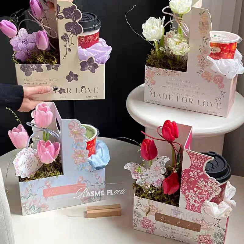 新款印花奶茶咖啡手提花盒秋天第一杯奶茶花束礼品纸盒手工