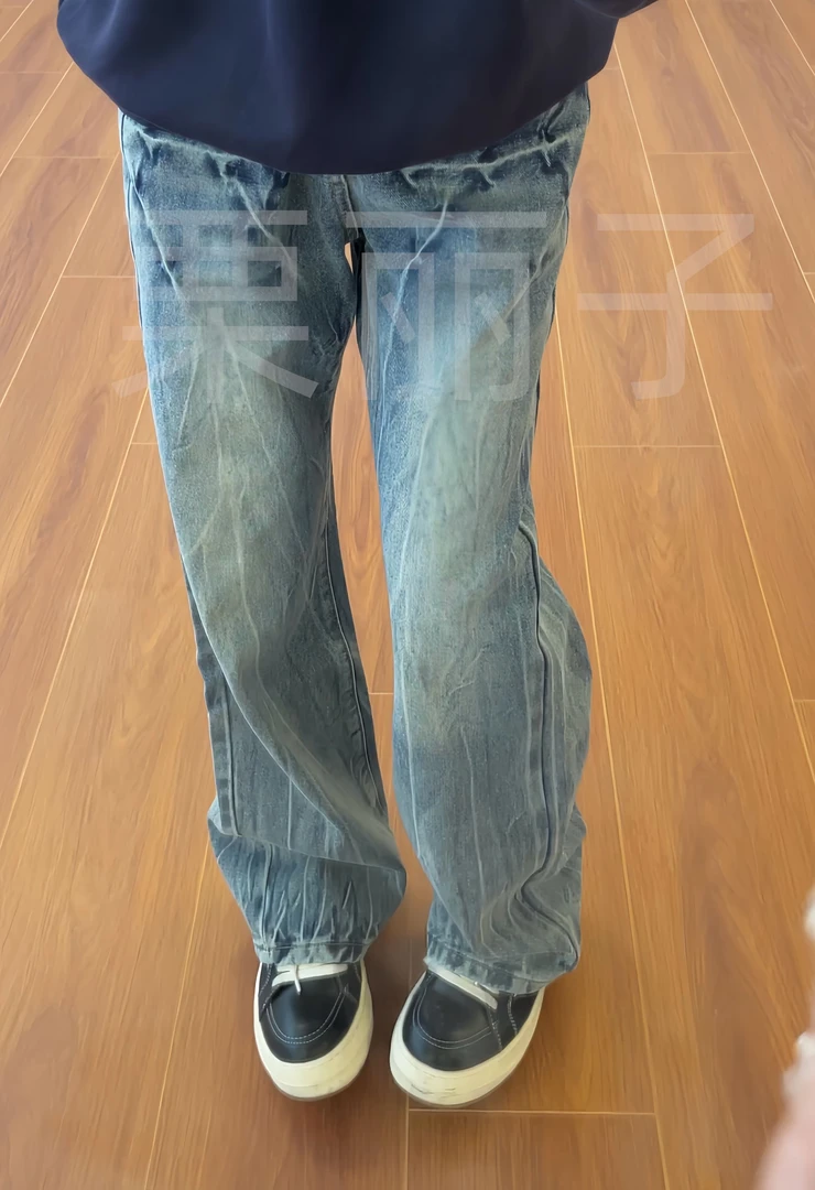 K35【栗丽子专属】 美式高街闪电爆裂纹蓝色牛仔裤直筒微喇松紧裤子