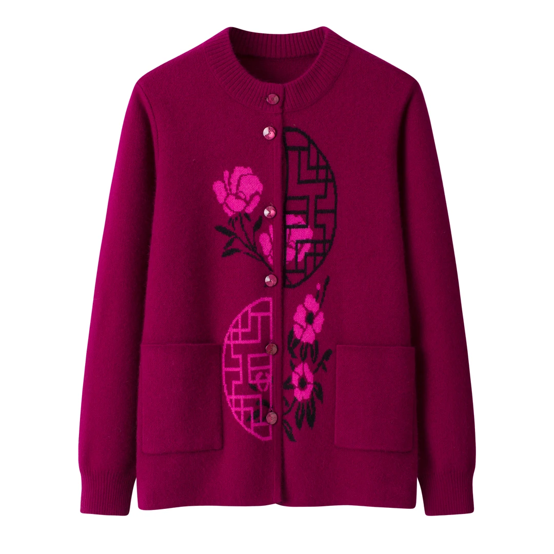 100纯羊毛中老年妈妈装~双提加厚提花带兜开衫宽松奶奶装外套毛衣