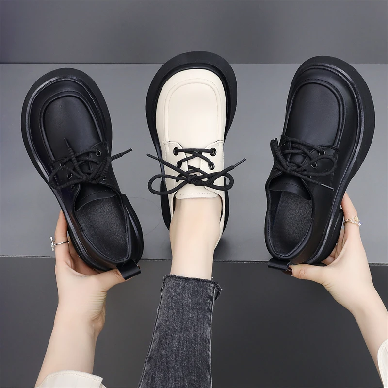 米白厚底英伦风小皮鞋女2025春秋新款复古乐福鞋百搭系带圆头单鞋