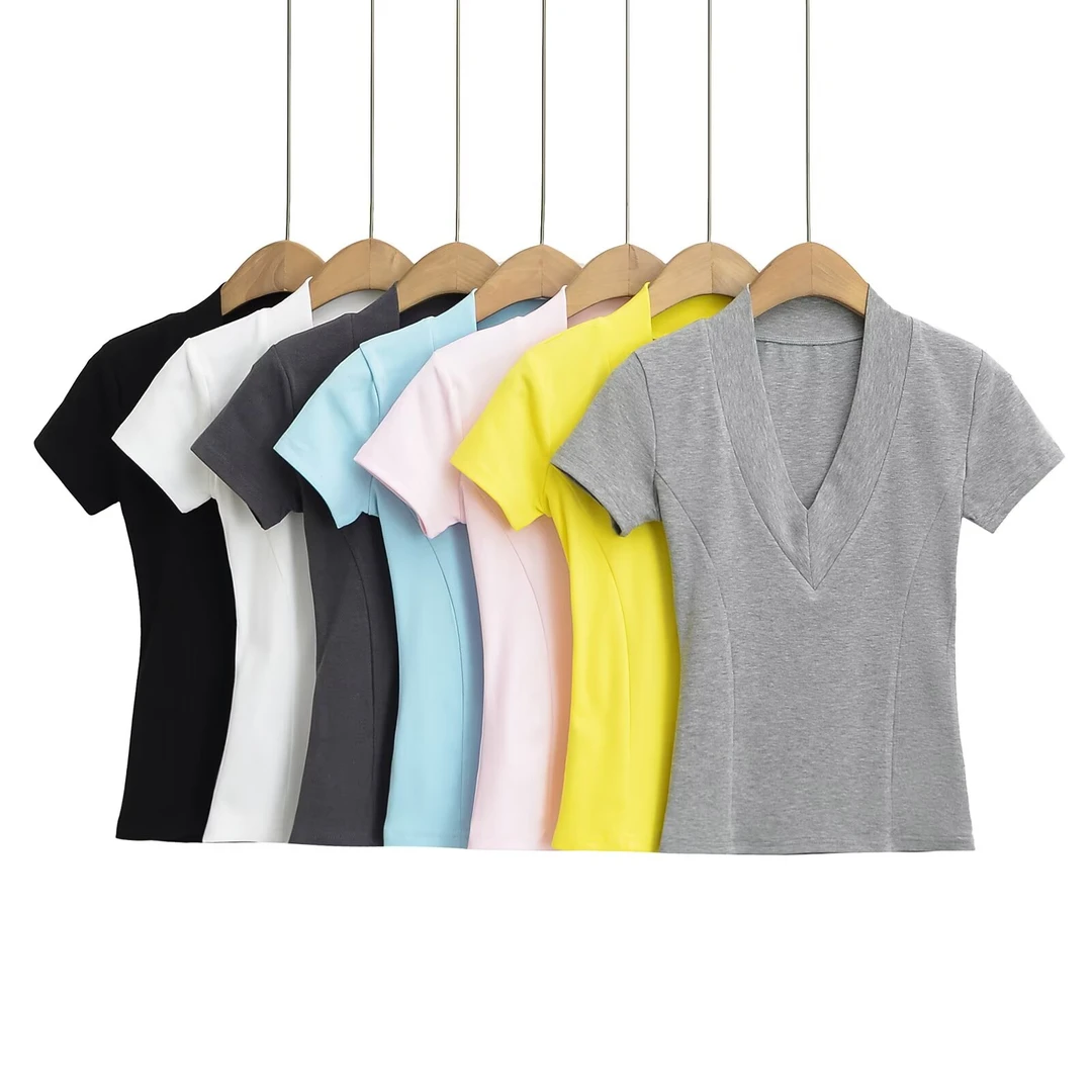 短袖纯色拼接V领T恤法式v领上衣休闲薄款ol显瘦修身瑜伽服