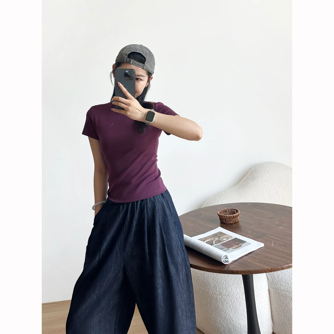 【乌梅紫酱】 显瘦圆领T恤衫 纯色基础款上衣 25037