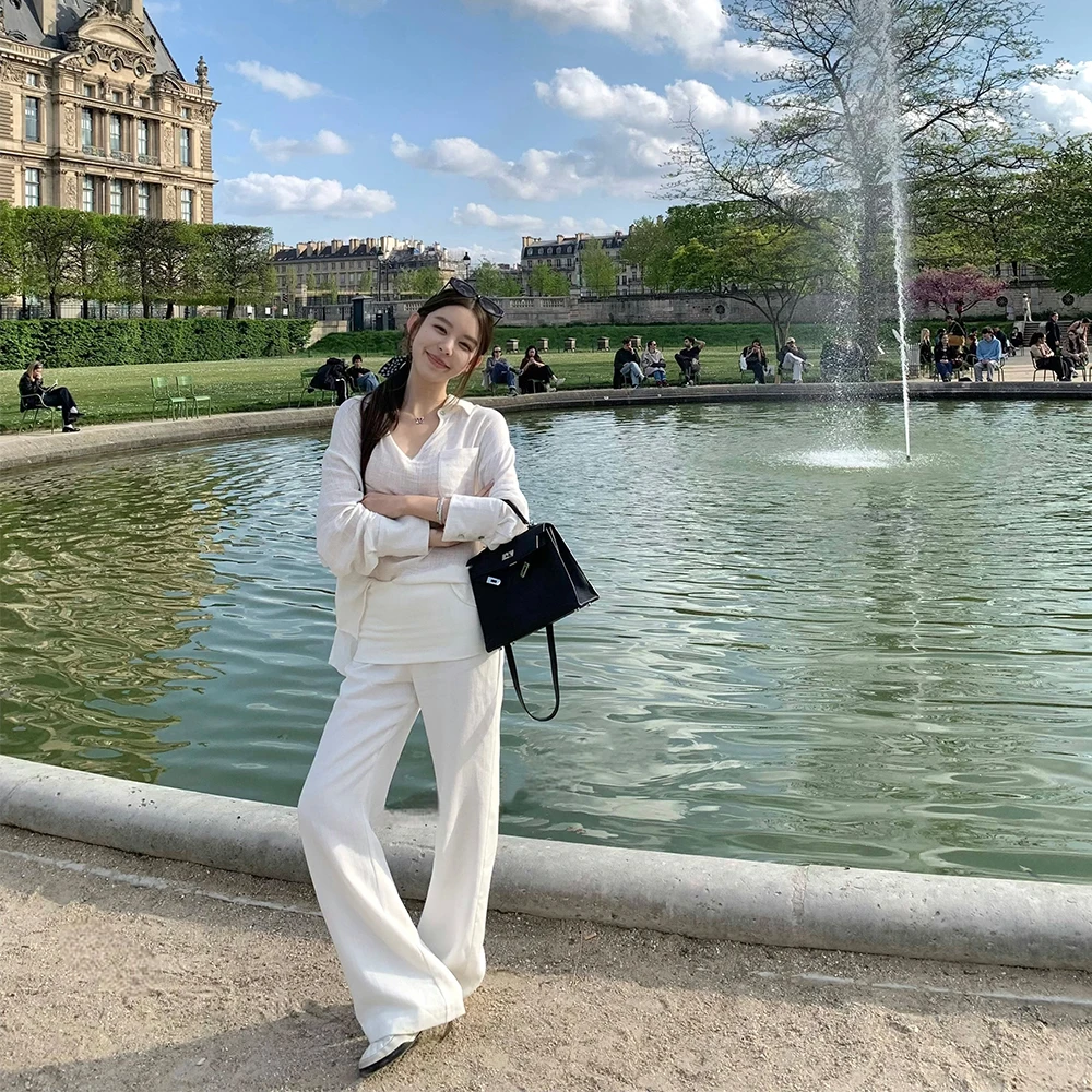 4/28「掐腰翻边麻料裤」腰头拼接针织翻边直筒长裤 氧气感麻料