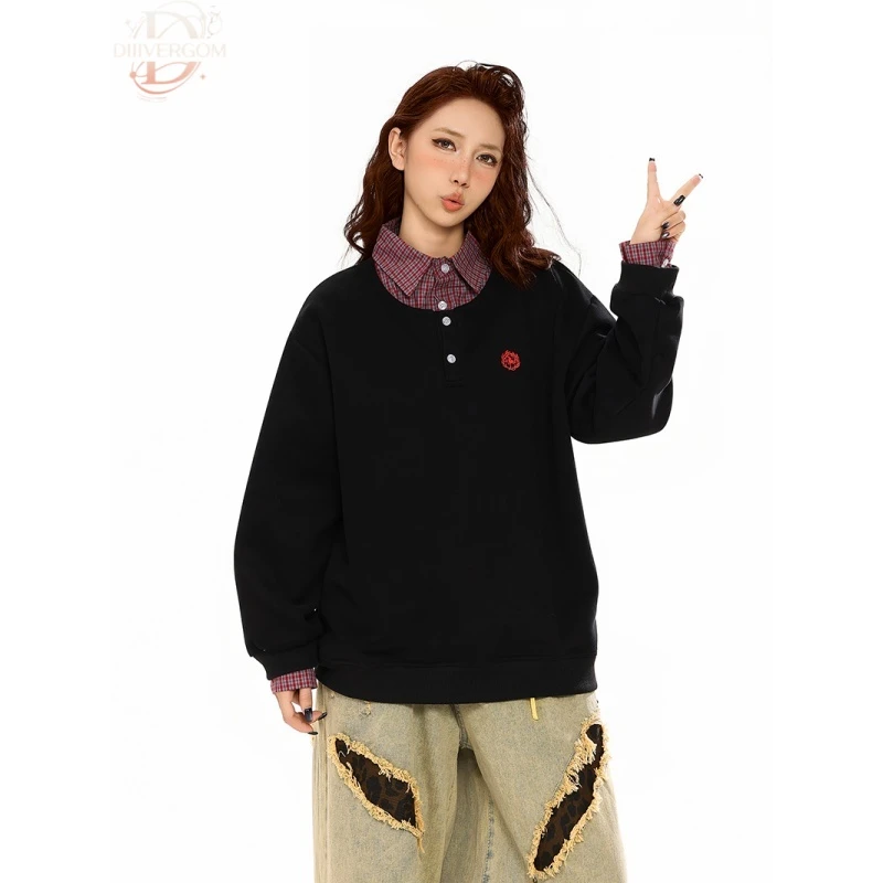 实拍韩系女装长袖卫衣设计感2025秋季假两件刺绣宽松衬衫领上衣女