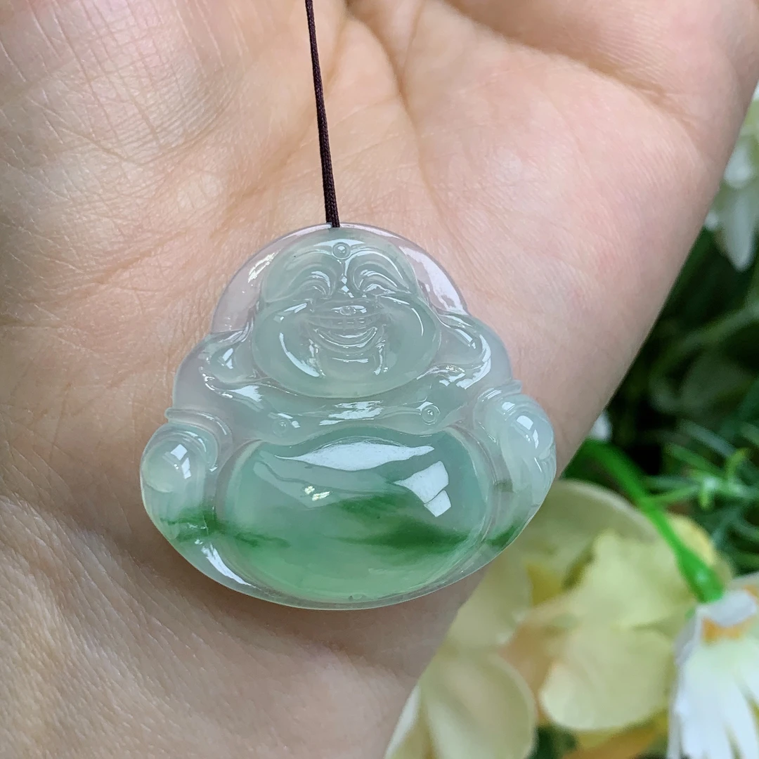 缅甸天然翡翠a货玉石冰种起胶飘绿佛公吊坠欧尺寸30.2/31.6/6.1