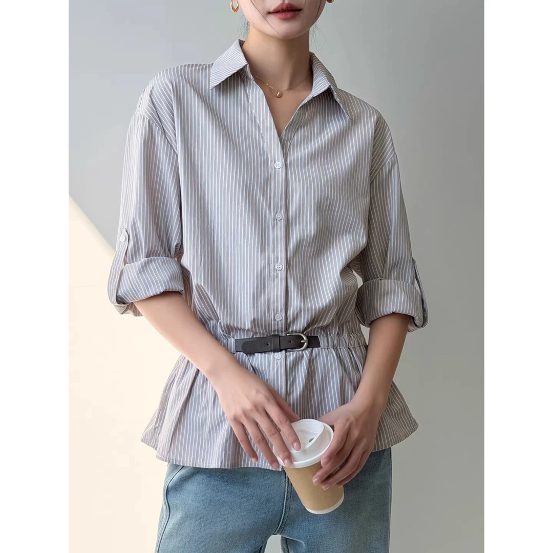 POLO领条纹衬衫女秋冬长袖衬衣收腰翻领内搭打底开衫上衣2025新款