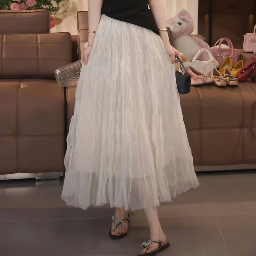 设计感百搭波浪网纱蕾丝仙女高腰时尚半身裙2025夏季休闲中长裙