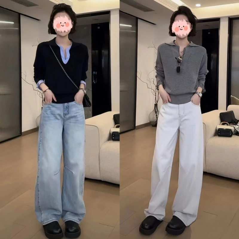 2025春季新款时尚洋气休闲拼接V领针织衫+牛仔裤百搭两件套套装