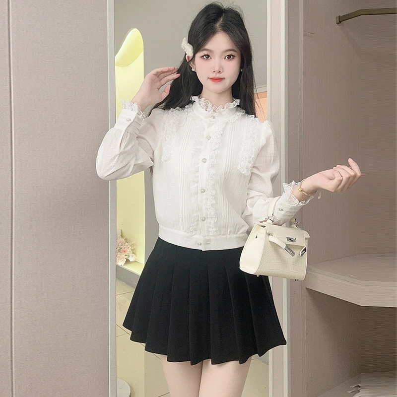 设计感压褶褶皱立领花边洋气衬衫欧洲站春夏季新品时尚长袖上衣女