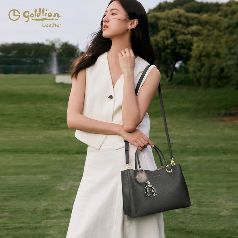 【618福利送礼限定】金利来节日限定毛球挂饰牛皮大容量托特手提包