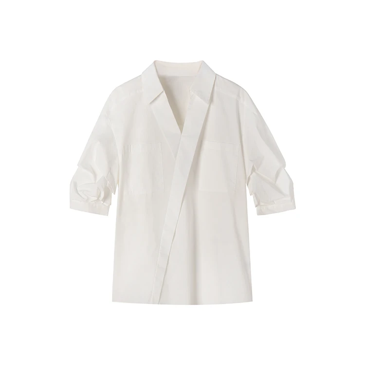 【直播间专属】设计感棉衬衫通勤风V字翻领白色中袖上衣15613/25079