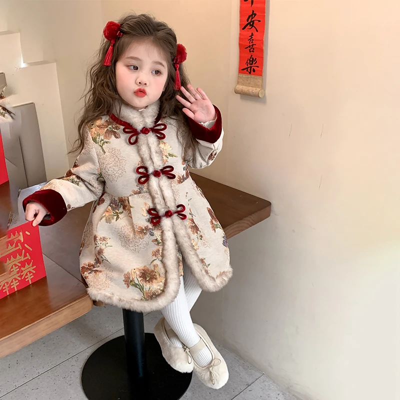 拜年服女童汉服加绒国风棉服连衣裙儿童唐装宝宝加厚新中式棉衣潮