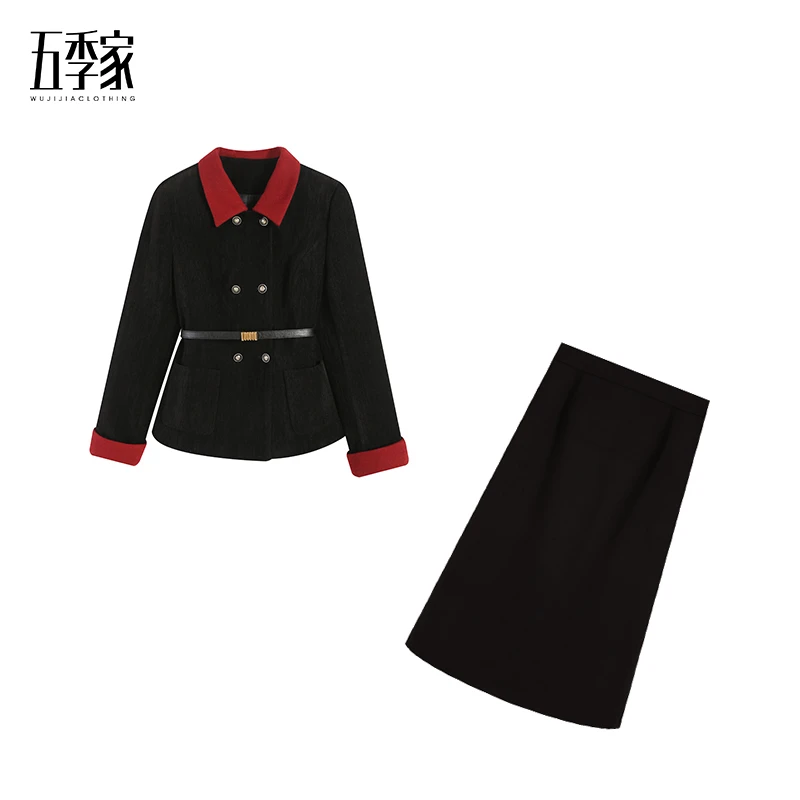 五季家大码冬季加厚气质新款上衣外套高腰半身裙两件套ZL102859