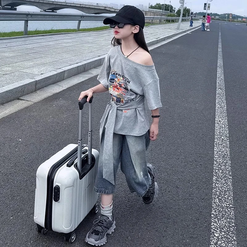 女中童美式复古灰色短袖牛仔七分裤夏季套装穿搭水洗阔腿短裤宽松