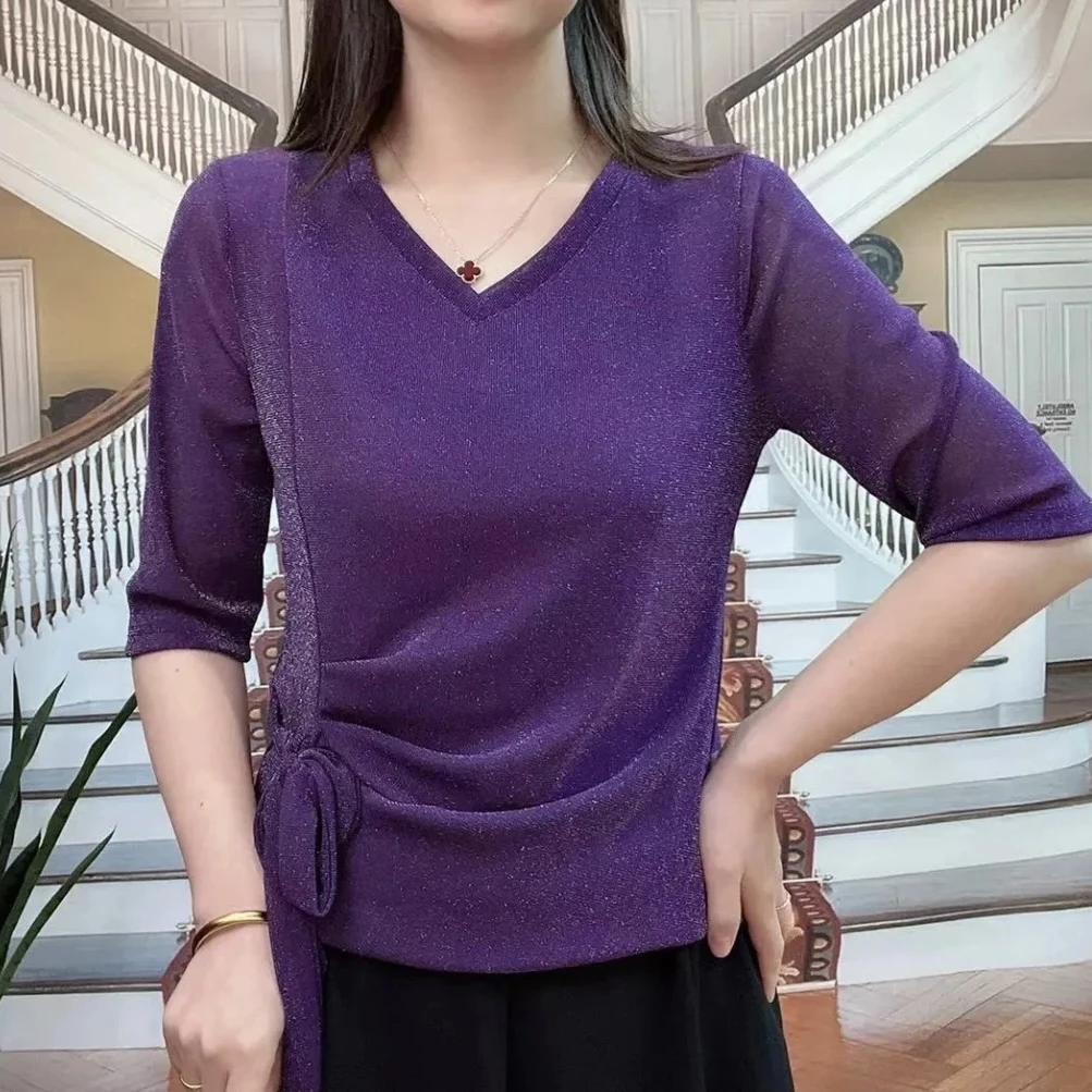 蝴蝶结设计师扭结圆领V领简约气质短袖T恤A11098